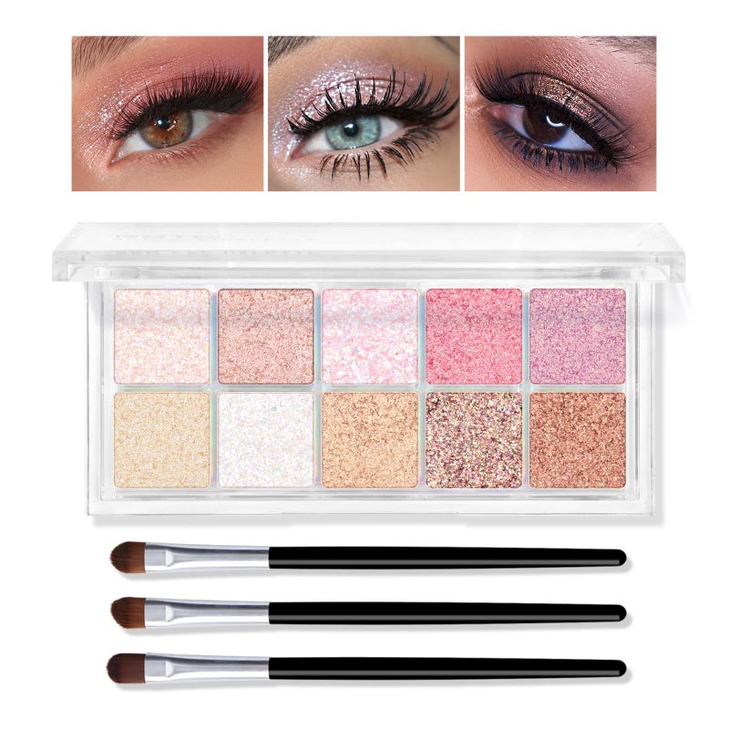 KYDA 10 Colors All Glitter Eyeshadow Palette Sparkling Sequin Eyeshadow Shiny Pearl Powder Eye Shadow Multicolor Glitters Eyes Makeup Pink Glitters Eyeshadsow Palette Glitter Eyes Color